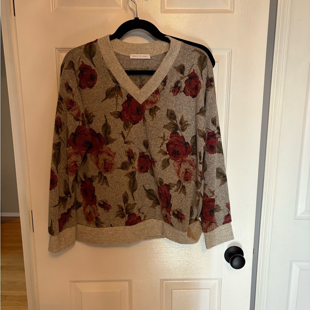 Chris & Carol Red Floral V-Neck Sweater